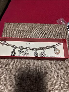 Silver-Tone Charm Bracelet with Pearl Charm - Women Jewelry